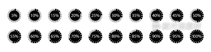 下载进度圆圈图标-矢量插图从5到100% -孤立在白色背景
